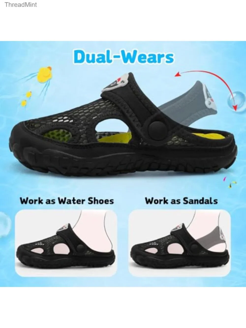 Kids Water Shoes Dual-Wear Quick Dry Wide Toe Slide Sandals for Beach Pool Swim